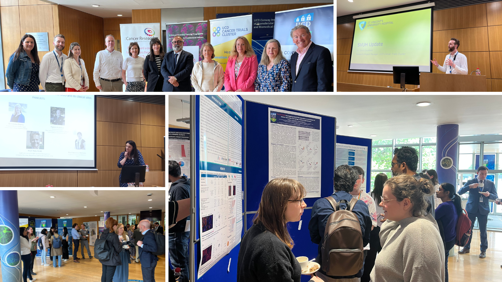 A grid of images. One image is the organising committee standing in a line against a backdrop of different department pullup banners. Two images are of speakers during their presentation. The two final images are guests mingling and networking during the break.